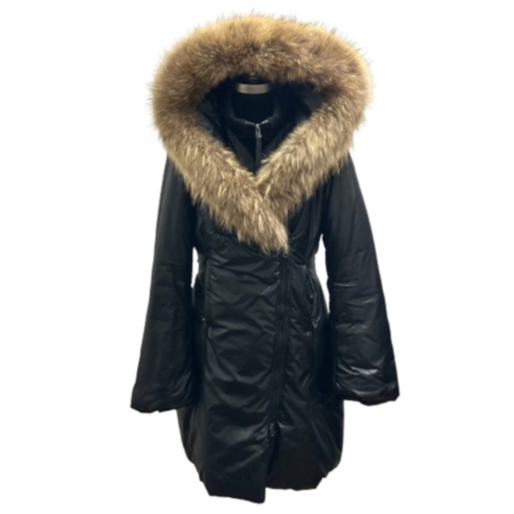 Mackage Early 2000 Black Hooded Fur Trim Belted Puffer Coat L